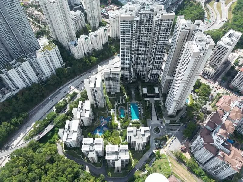 Exterior type: high-rise condominium; features: multiple high-rise buildings, landscaped gardens, swimming pools, surrounding greenery, road access, urban setting, parking areas; style: modern.