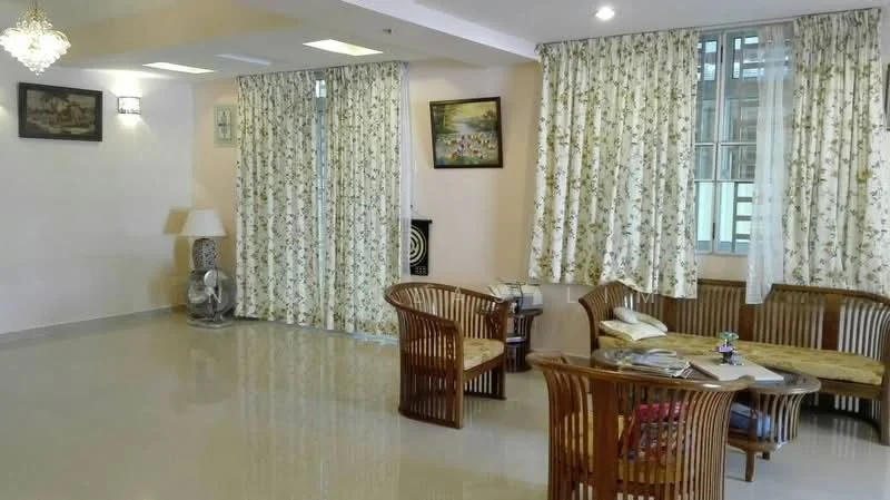 Living features: cream painted walls, glossy tile flooring, recessed downlights, chandelier, floor-to-ceiling windows, sheer curtains with floral pattern, wooden coffee table, two rattan armchairs, sofa with cushions, decorative wall art, decorative lamp, wall-mounted clock; style: traditional.