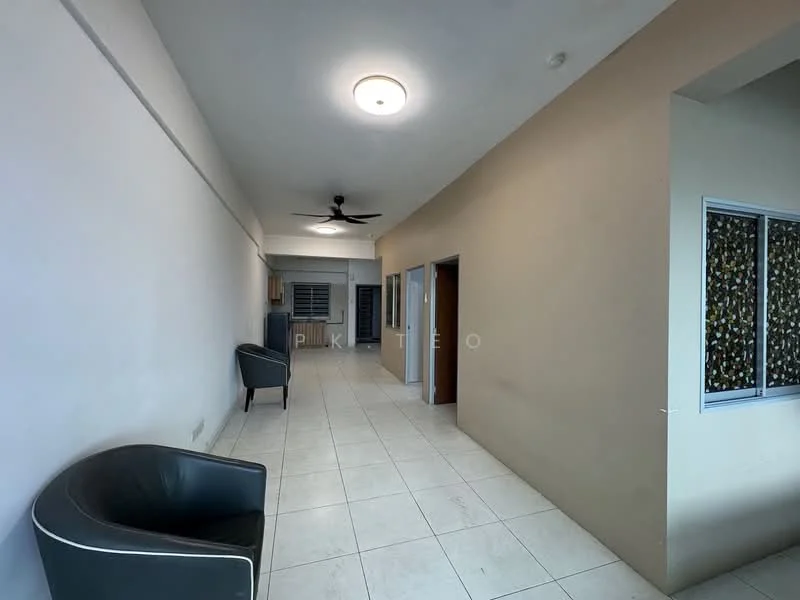 Room features: white painted walls, cream accent wall, tile flooring, ceiling fan, recessed ceiling light, large windows, open layout, doorway leading to kitchen, doorway leading to other rooms, seating area with two chairs; style: modern.