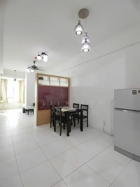 Dining features: white painted walls, white tiled flooring, 4-seater dining table, black dining chairs, pendant lights, ceiling fan with light, refrigerator, partition wall with glass panels, large windows with sheer curtains; style: modern. Room features: white painted walls, white tiled flooring, large windows with sheer curtains.
