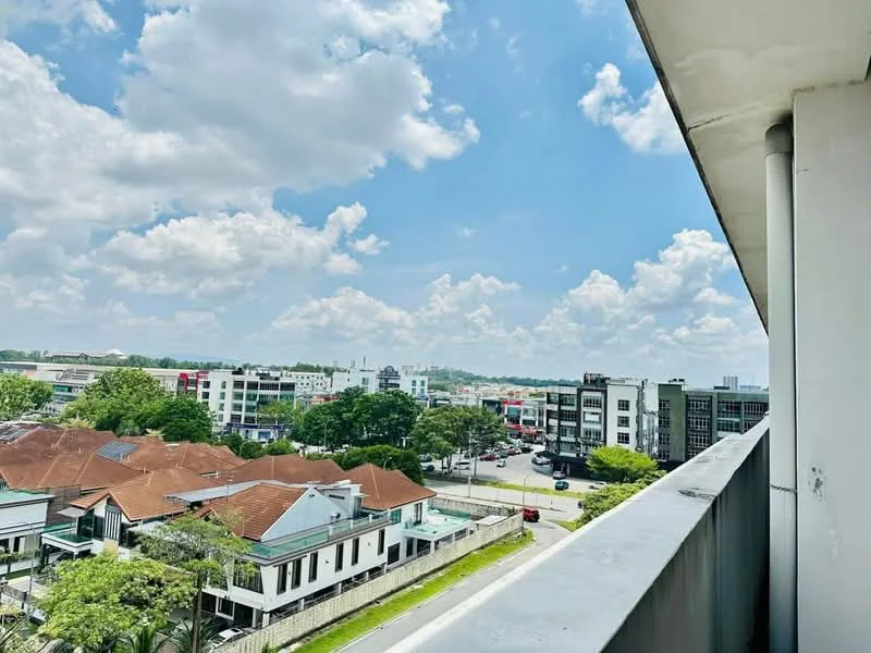 Exterior features: city skyline view, surrounded by commercial buildings, green landscaping, rooftops of nearby houses, clear blue sky, clouds; style: modern.