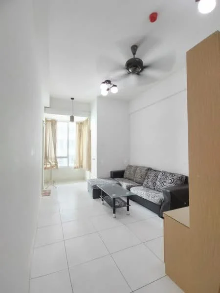 Living features: white painted walls, white tiled flooring, 5-blade ceiling fan with light, sofa with patterned upholstery, glass coffee table, floor-to-ceiling windows, sheer curtains, light fixture with multiple bulbs; style: modern; view: city.