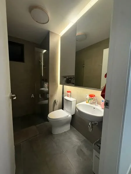 Bathroom features: wall-mounted toilet, single-sink vanity with mirror, chrome basin mixer, tile flooring, grey wall tiles, recessed lighting, window for natural light, toilet paper holder, soap dispenser, toothbrush holder; style: modern.