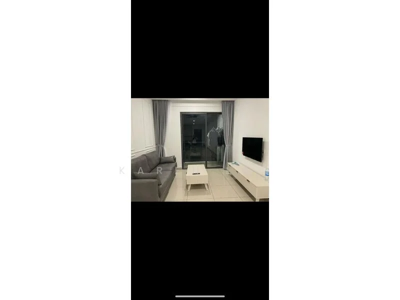 Living features: grey fabric sofa, white coffee table, TV console, wall-mounted TV, floor-to-ceiling windows, curtains, tile flooring, decorative wall paneling; style: modern.