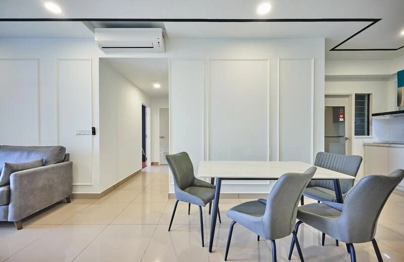 Dining features: marble dining table, 4 upholstered dining chairs in grey, wall-mounted air conditioning unit, white painted walls, tile flooring, recessed ceiling lights, open layout to living area, doorway leading to hallway; style: modern. Living features: 2-seater fabric sofa in grey, wall-mounted TV, white painted walls, tile flooring, recessed ceiling lights, open layout to dining area; style: modern.
