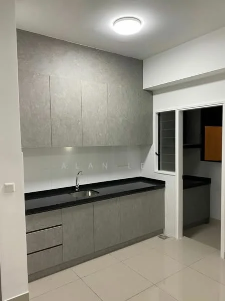 Kitchen features: grey laminate cabinetry, black countertop, single-bowl stainless-steel sink, chrome pull-down faucet, white tiled backsplash, built-in oven, ceramic tile flooring, recessed ceiling light, window with grille, open layout; style: modern.