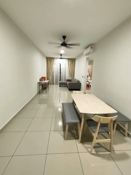 Living features: cream painted walls, glossy ceramic tile flooring, 5-blade ceiling fan with light, recessed downlights, floor-to-ceiling windows, sheer curtains, sofa in grey, dining table with light wood finish, bench seating, side table, air conditioning unit; style: modern.