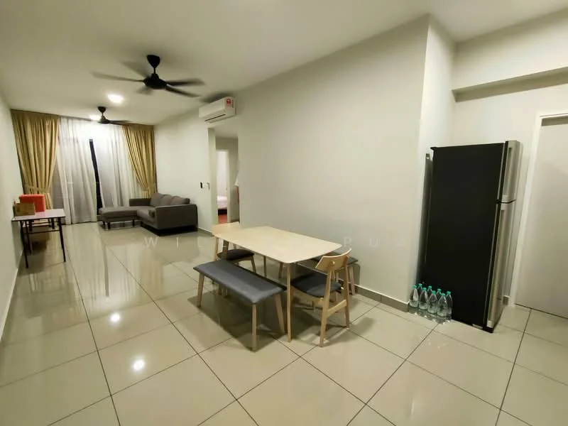 Living features: white painted walls, glossy tile flooring, 5-blade ceiling fan with light, floor-to-ceiling windows with sheer curtains, grey fabric sofa, wooden dining table, bench seating, stainless-steel fridge, air conditioning unit; style: modern.