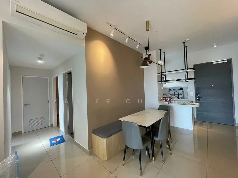 Dining features: dining table with marble top, 4 upholstered dining chairs, wall-mounted light fixture, air conditioning unit, grey accent wall, tile flooring, open kitchen layout, built-in cabinetry, kitchen island, recessed lighting; style: modern. Room features: white painted walls, doorway leading to hallway, doorway leading to kitchen.