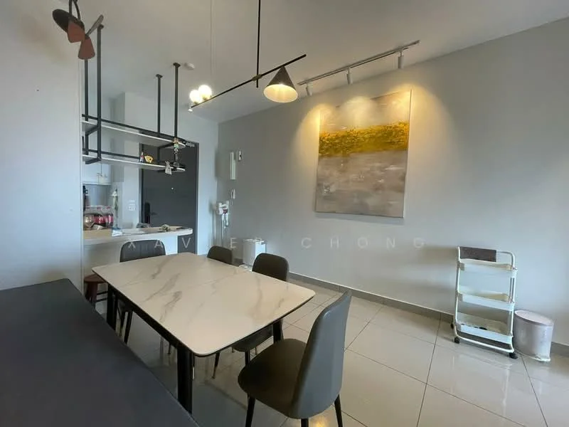 Dining features: marble dining table, 4 dining chairs, pendant lighting, recessed downlights, grey painted walls, glossy tile flooring, framed artwork on wall, open layout to kitchen; style: modern. Kitchen features: kitchen countertop, stainless-steel sink, kitchen cabinets, kitchen appliances visible; style: modern.