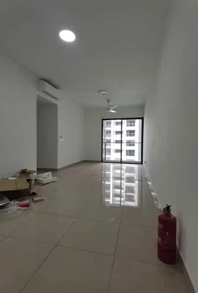 Living features: white painted walls, glossy ceramic tile flooring, recessed ceiling lights, 5-blade ceiling fan, floor-to-ceiling windows, fire extinguisher, air conditioning unit, open layout; style: modern.