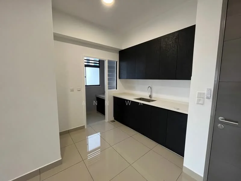 Kitchen features: black cabinetry, white countertop, single-bowl stainless-steel sink, chrome pull-down faucet, ceramic tile flooring, recessed downlights, wall-mounted cabinets, window for natural light; style: modern. Room features: door leading to another room, white painted walls, light switch.