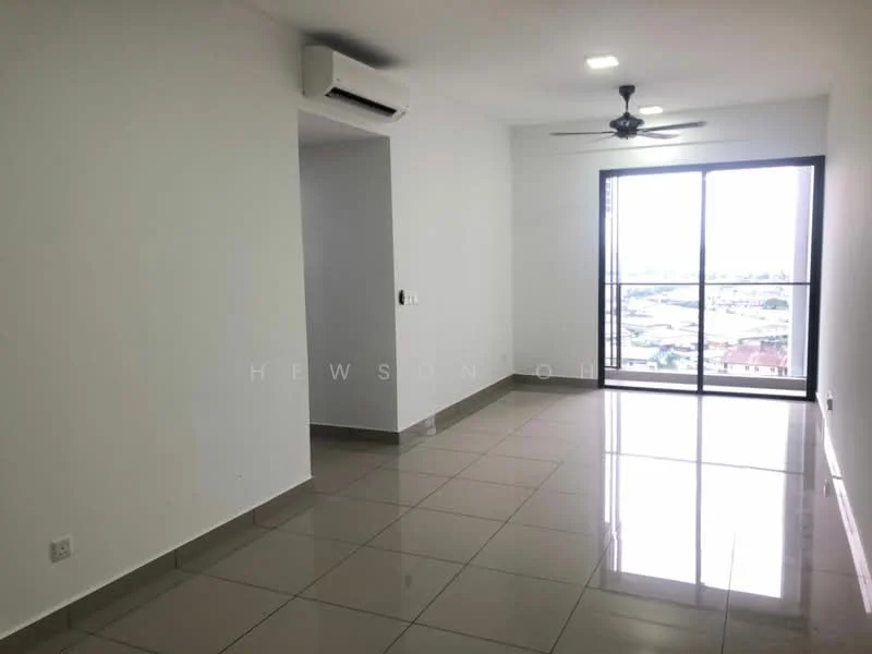Living features: white painted walls, glossy ceramic tile flooring, 5-blade ceiling fan with light, wall-mounted split AC, floor-to-ceiling windows, city view; style: modern; view: city.