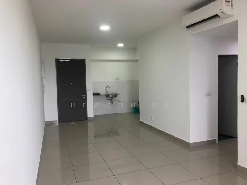Room features: white painted walls, glossy ceramic tile flooring, 1 wall-mounted split AC, single-bowl stainless-steel sink, wall-mounted faucet, kitchen cabinetry, doorway leading to another room, flush ceiling lights; style: modern.