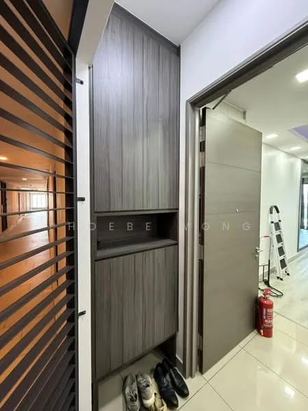 Room features: wooden cabinetry with grey finish, built-in storage, white walls, glossy tile flooring, modern door, fire extinguisher, shoes on the floor; style: modern.