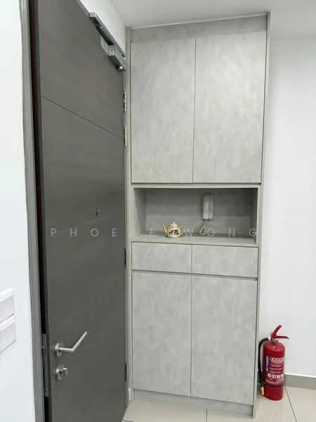 Room features: grey cabinetry, built-in storage, wall-mounted shelf, light-colored wall, floor tiles, metal door, fire extinguisher, modern design; style: modern.