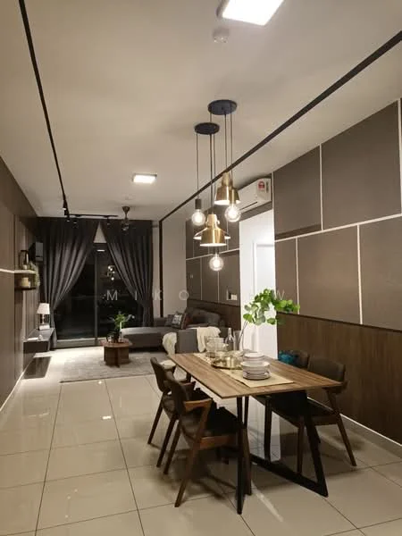 Living features: grey fabric sofa, wooden dining table, 4 wooden dining chairs, pendant lighting with multiple bulbs, recessed ceiling lights, floor-to-ceiling windows, dark curtains, white walls with wood paneling, glossy tile flooring, decorative wall art, area rug, wall-mounted TV; style: modern; view: city.