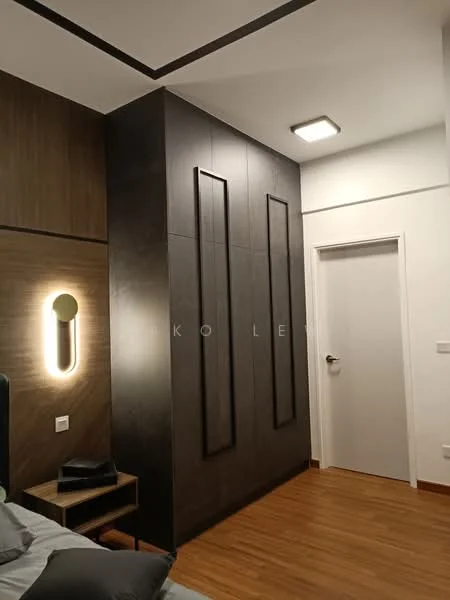 Bedroom features: dark wood paneling on walls, built-in wardrobe with vertical panels, recessed ceiling lights, laminate flooring, white painted door, wall-mounted light fixture, neutral color scheme, minimalist design; style: modern.