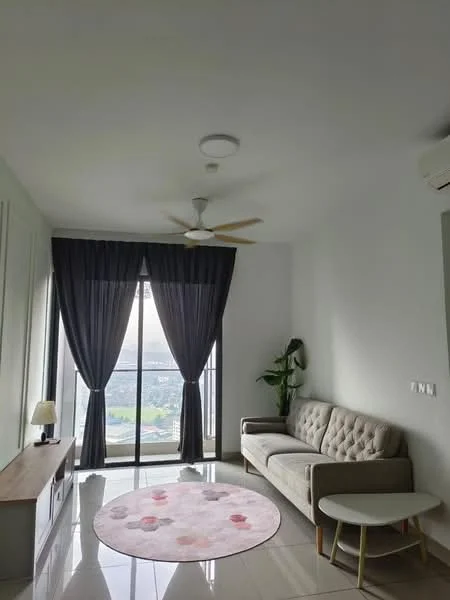 Living features: 3-seater fabric sofa in light grey, round coffee table, ceiling fan with light, floor-to-ceiling windows, sheer curtains, decorative houseplant, light-colored wall, glossy tile flooring, wall-mounted air conditioning unit, wooden console table, area rug with floral pattern; style: modern; view: city.