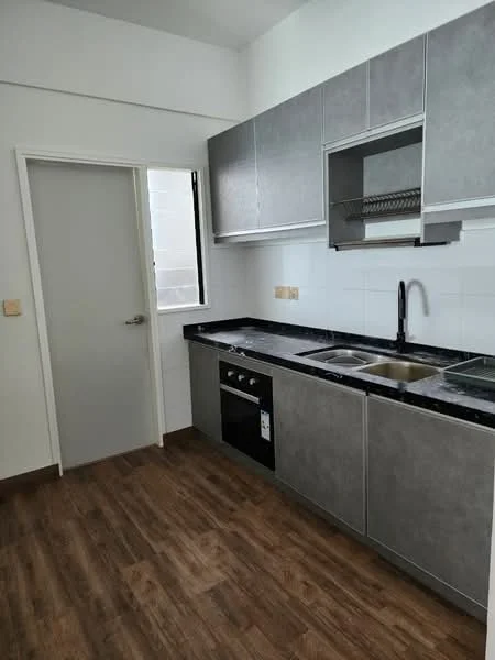 Kitchen features: grey cabinetry, black granite countertop, single-bowl stainless-steel sink, chrome pull-down faucet, built-in oven, stainless-steel stove, white tiled backsplash, wood laminate flooring, window for natural light, open shelving above countertop; style: modern.