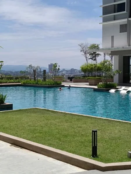 Exterior type: high-rise condominium; features: infinity pool, pool deck with loungers, manicured lawn, landscaping with plants, surrounding greenery, city skyline view in background; style: modern.