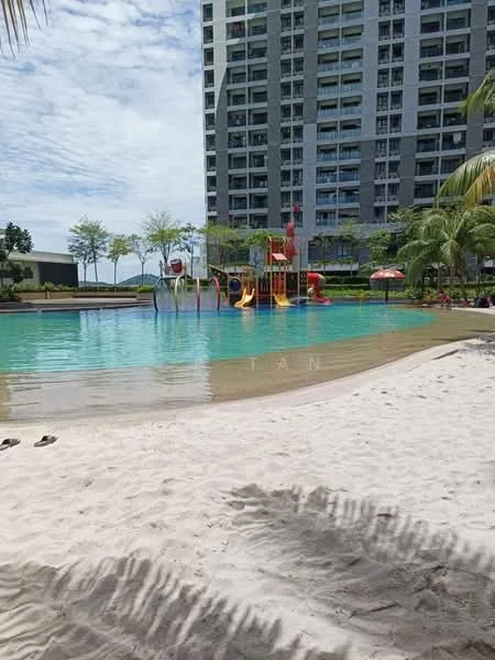 Exterior type: high-rise condominium; features: infinity pool, children's playground with slides, pool deck with loungers, tropical landscaping with palm trees, manicured lawn, water play area, umbrella shading, surrounding greenery; style: modern.