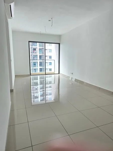 Room features: white painted walls, glossy ceramic tile flooring, floor-to-ceiling windows, natural light from window, air conditioning unit, recessed ceiling lights; style: modern; view: city.
