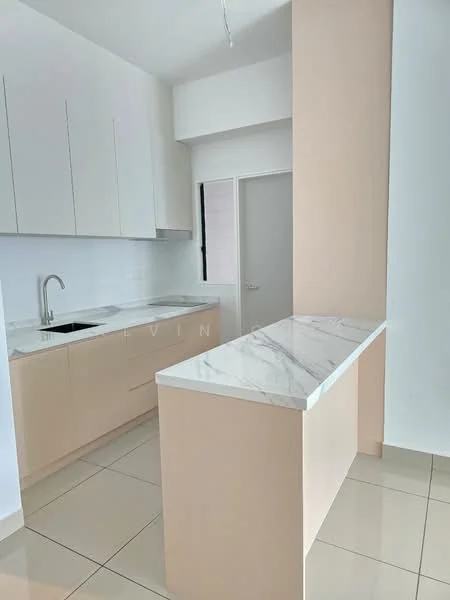 Kitchen features: white cabinetry, marble countertop, single-bowl stainless-steel sink, chrome pull-down faucet, light beige cabinetry, tile flooring, wall-mounted cabinets, open layout; style: modern.