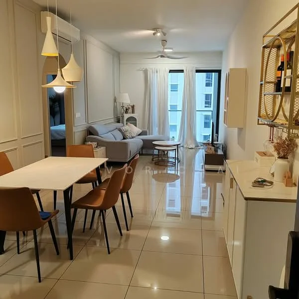 Living features: grey fabric sofa, round coffee table, 6-seater dining table, brown upholstered dining chairs, white pendant lights, ceiling fan, white walls, glossy tile flooring, floor-to-ceiling windows with sheer curtains, decorative wall shelving, wall-mounted wine rack; style: modern.