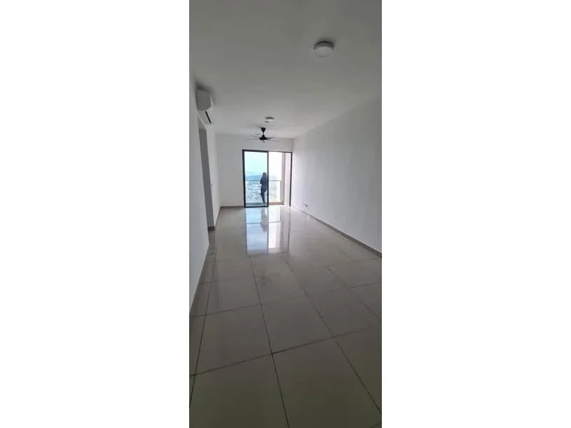 Living features: white painted walls, glossy ceramic tile flooring, 5-blade ceiling fan with light, floor-to-ceiling windows, sliding glass door, natural light from sliding door, neutral color palette, open layout; style: modern; view: sea.