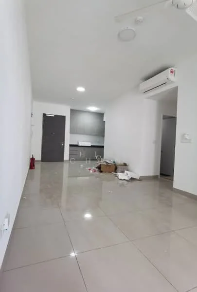 Room features: white painted walls, glossy ceramic tile flooring, ceiling fan, wall-mounted split AC, recessed ceiling lights, open layout, kitchen area visible in background, debris and packing materials on floor; style: modern.