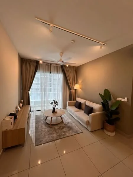 Living features: 3-seater fabric sofa in white, coffee table with wooden legs, area rug with neutral color, floor-to-ceiling windows, sheer curtains, ceiling fan, wall-mounted light, decorative plant in pot, wooden console table, decorative items on console; style: modern; view: city.
