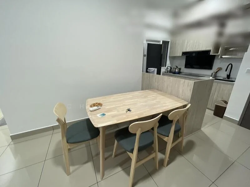 Dining features: wood dining table, 4 dining chairs with upholstered seats, light wood finish, ceramic tile flooring, kitchen cabinetry in light wood, black countertop, stainless-steel sink, built-in kitchen appliances visible in background; style: modern.