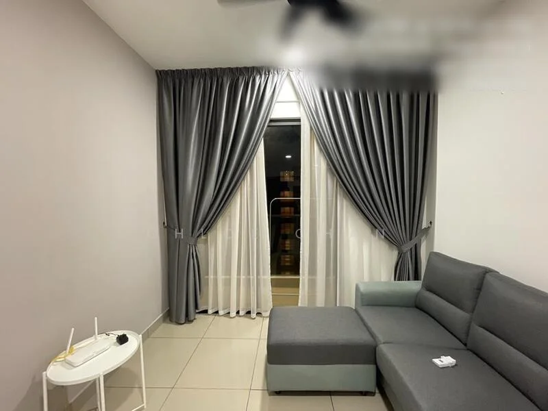 Living features: grey fabric sectional sofa, white side table, floor-to-ceiling windows, sheer curtains, blackout curtains, light grey painted walls, tile flooring, ceiling fan; style: modern; view: city.