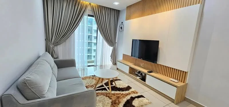 Living features: grey fabric 3-seater sofa, round white coffee table, wall-mounted TV, wooden TV console, cream area rug with geometric pattern, floor-to-ceiling windows, sheer curtains, wood panel accent wall, recessed lighting; style: modern; view: city.