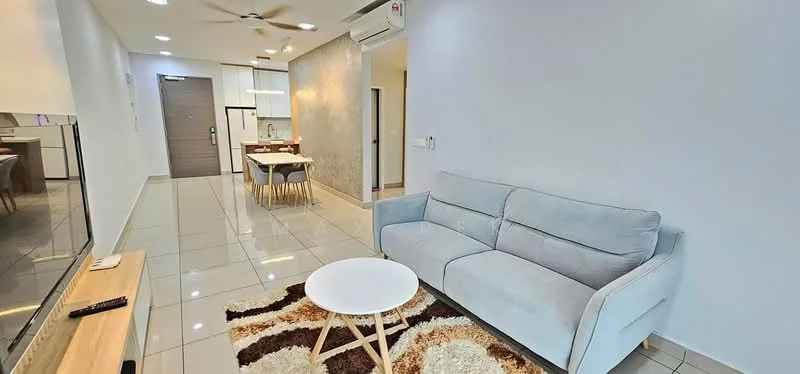 Living features: 3-seater fabric sofa in light blue, coffee table, area rug with geometric pattern, wall-mounted TV, TV console, recessed LED downlights, 5-blade ceiling fan, glossy tile flooring, white painted walls, air conditioning unit; style: modern. Dining features: 6-seater dining table, wooden dining chairs; style: modern.