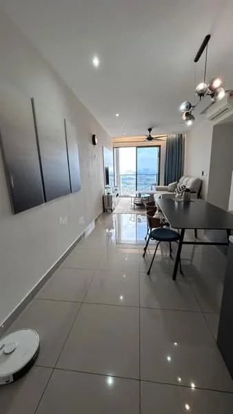 Living features: grey painted walls, polished ceramic tile flooring, 5-blade ceiling fan with light, floor-to-ceiling windows, sliding glass door, curtains, sofa in light fabric, dining table with chairs, recessed downlights, air conditioning unit, decorative wall art; style: modern; view: city.