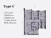 Floor plan: 2-bedroom 1-bathroom unit; features: utility room, wet kitchen, open-plan layout, living area, dining area, balcony off living room.