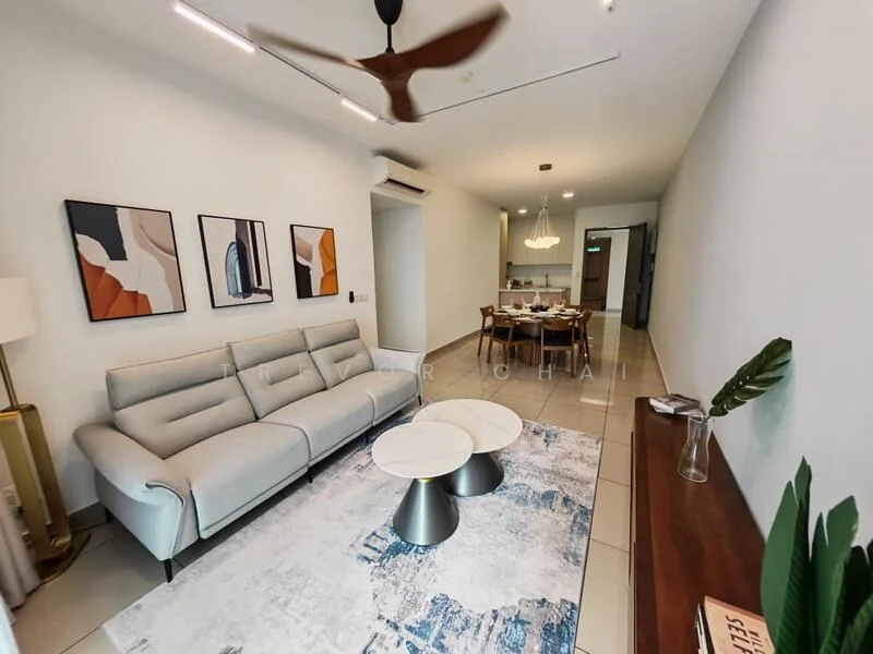 Living features: 3-seater fabric sofa in light grey, 2 round coffee tables with metallic bases, area rug with abstract pattern, wall-mounted TV, pendant lamp, ceiling fan with light, decorative wall art with abstract designs, side table with decorative plant, tile flooring, white painted walls, recessed LED downlights; style: modern.