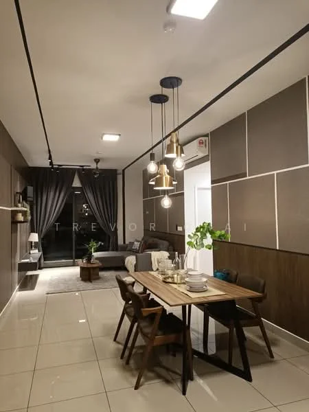 Living features: grey fabric sofa, wooden coffee table, area rug, floor-to-ceiling windows, dark curtains, pendant lighting with multiple bulbs, white walls with brown accent panels, recessed ceiling lights, dining table with wooden surface, four wooden dining chairs, decorative plant on dining table, wall-mounted shelf, decorative wall art; style: modern.