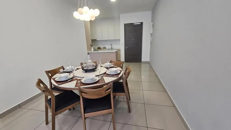 Dining features: round dining table, wooden dining chairs, black upholstered seats, white plates, cutlery, glassware, pendant light fixture, cream painted walls, tile flooring, open layout to kitchen, kitchen cabinetry visible in background, doorway leading to hallway; style: modern.