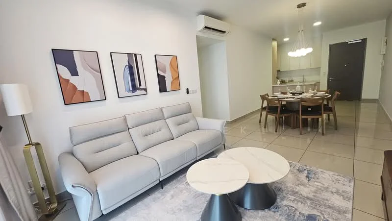 Living features: 3-seater fabric sofa in light grey, 2 round marble-top coffee tables with metal bases, area rug with geometric pattern, framed artwork on walls, wall-mounted air conditioning unit, recessed LED downlights, floor-to-ceiling windows, light wood dining table with matching chairs visible in background; style: modern.