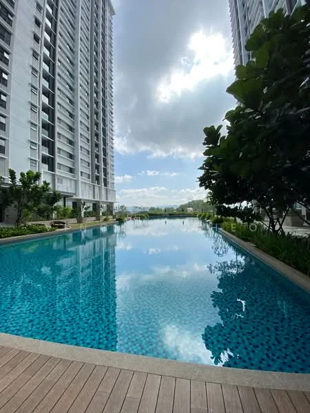 Exterior type: high-rise condominium; features: infinity pool, pool deck with loungers, surrounded by greenery, landscaped garden, modern architecture, glass curtain wall, manicured lawn, tropical landscaping; style: modern.