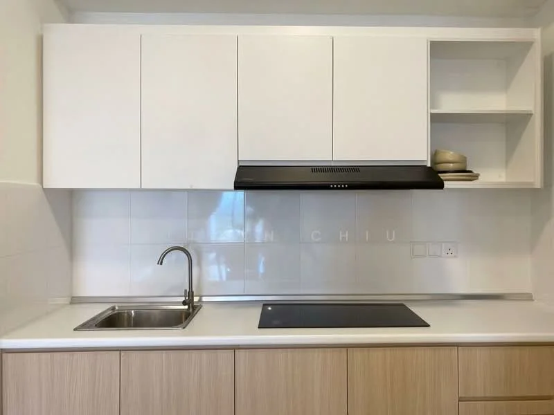 Kitchen features: single-bowl stainless-steel sink, chrome pull-down faucet, white cabinetry, light wood lower cabinets, black built-in cooktop, white countertop, white tiled backsplash, open shelving, extraction hood; style: modern.