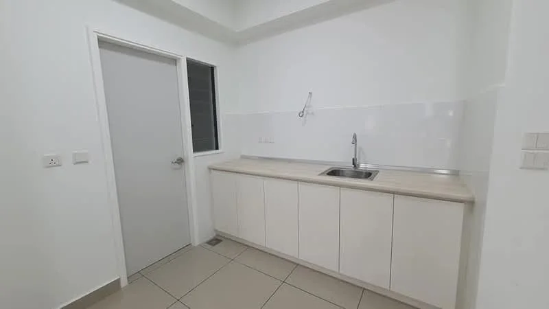 Kitchen features: white painted walls, light-colored countertop, single-bowl stainless-steel sink, chrome pull-down faucet, white cabinetry with flat-panel doors, tile flooring, window for natural light, wall-mounted faucet, no visible appliances; style: modern.