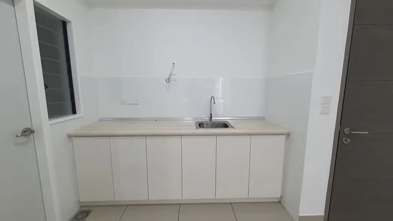 Kitchen features: single-bowl stainless-steel sink, chrome pull-down faucet, white cabinetry with flat-panel doors, light wood countertop, white tiled backsplash, ceramic tile flooring, window with grille, wall-mounted faucet; style: modern.