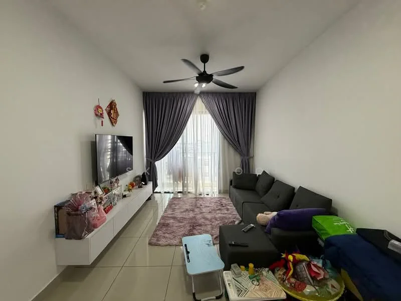 Living features: grey fabric sectional sofa, white TV console, wall-mounted TV, light purple area rug, ceiling fan with light, floor-to-ceiling windows with sheer curtains, decorative wall art, decorative items on TV console, tiles flooring, plush toys on sofa, folding table, potted plant; style: modern; view: city.