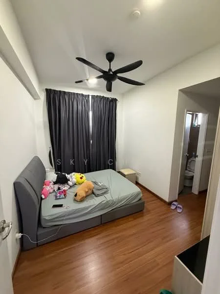 Bedroom features: queen-size bed, upholstered headboard, wooden flooring, blackout curtains, 5-blade ceiling fan, wall-mounted light switch, nightstand, stuffed animals on bed; style: modern. Bathroom features: toilet, sink, mirror, tile flooring.
