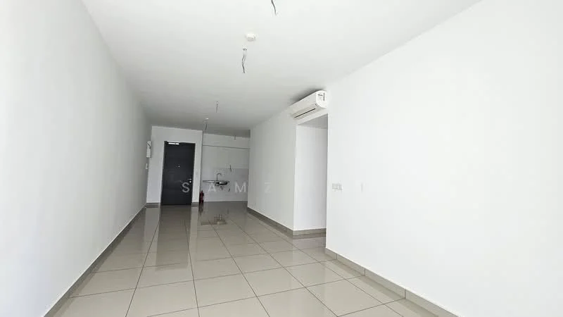 Room features: white painted walls, glossy ceramic tile flooring, 1 wall-mounted split AC, ceiling lights, doorway leading to another room, window, neutral color scheme; style: modern.
