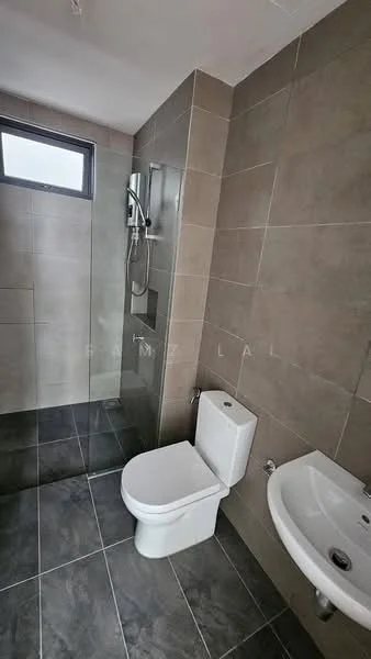 Bathroom features: grey tile flooring, wall-mounted toilet, single-sink vanity with wall-mounted faucet, glass shower enclosure, rain shower head, handheld shower, grey tile walls, window for natural light; style: modern.